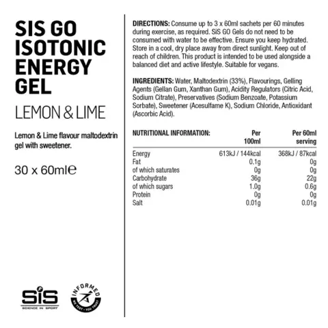 SIS Go Isotonic Gel Lemon/Lime 60ml Isotonic gel med sitron og lime smak 